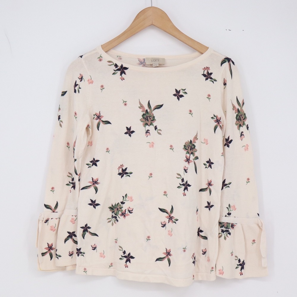 Loft Sweater Womens XS Outlet Floral Print Cream Ruffle Cuff Cotton Excellent